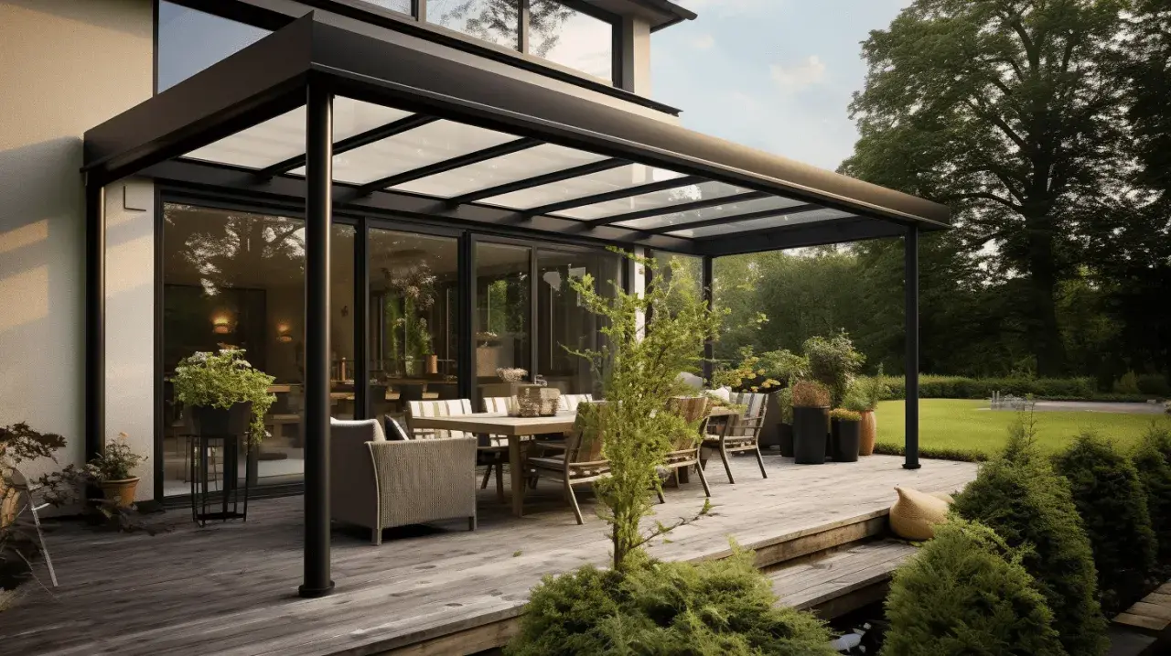 Une terrasse en bois avec une table et des chaises sous une pergola moderne. L'emprise au sol de la pergola crée un espace de vie extérieur accueillant.