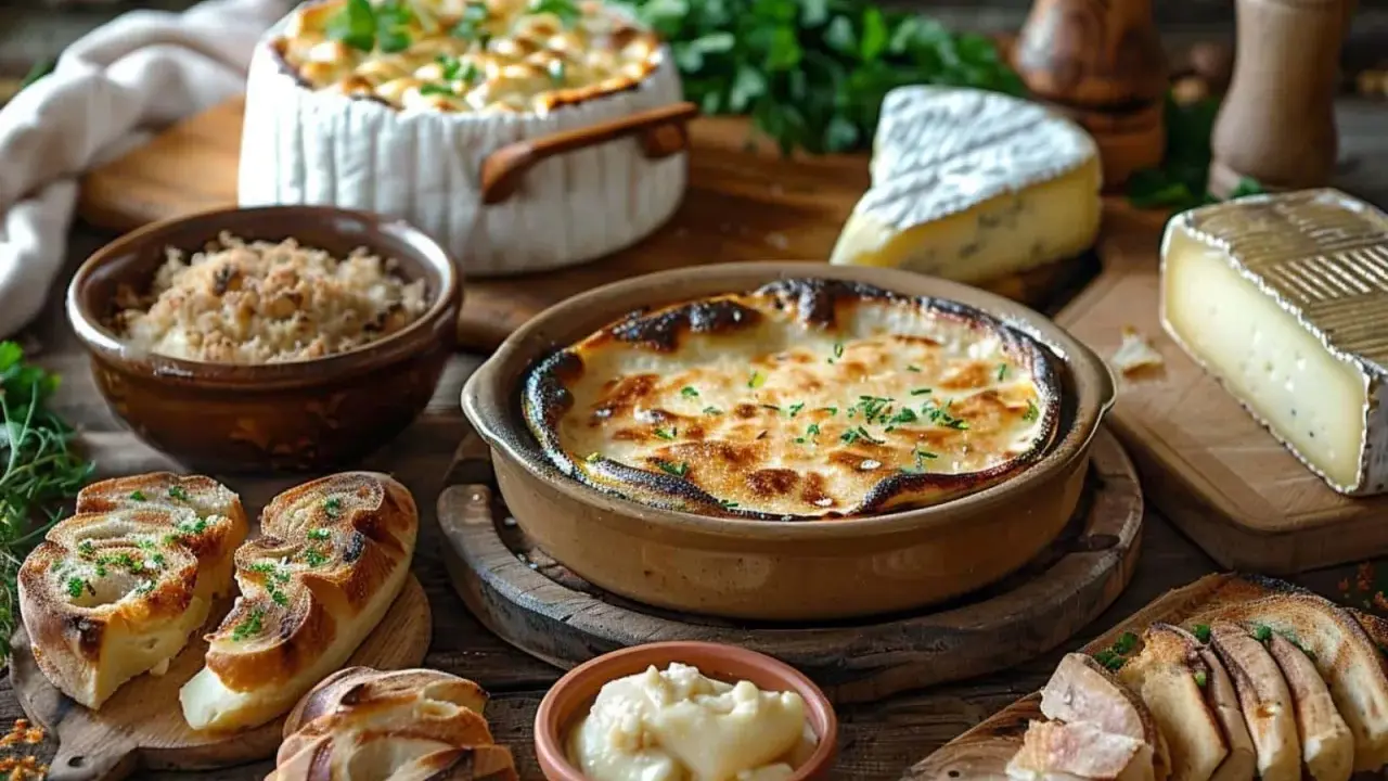 Plats gratinés et fromages, un festin de spécialités Auvergne. Pain grillé, herbes fraîches et ambiance rustique.