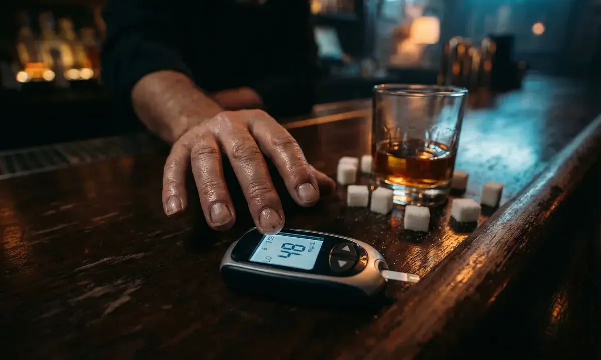 Mężczyzna sprawdza poziom cukru we krwi obok szklanki whisky i kostek cukru. Alkohol a gęstość krwi – ważna kwestia dla diabetyków.