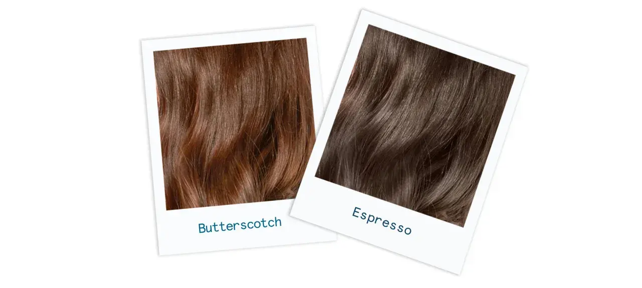 Zwei Polaroid-Fotos zeigen verschiedene Schattierungen von braunem Haar: "Butterscotch" und "Espresso".