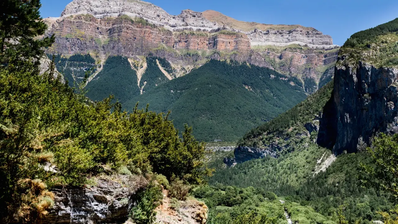 Paisaje de Ordesa y Monte Perdido con niños explorando senderos entre bosques frondosos y imponentes montañas.