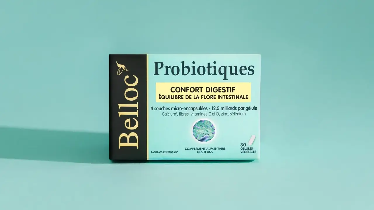 Boîte de probiotiques Belloc pour le confort digestif et le ventre gonflé. Équilibre de la flore intestinale.