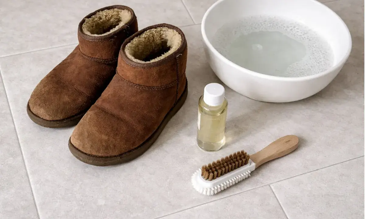 Brązowe buty UGG, miska z wodą, buteleczka z płynem i szczotka do czyszczenia. Dowiedz się, jak czyścić UGG.
