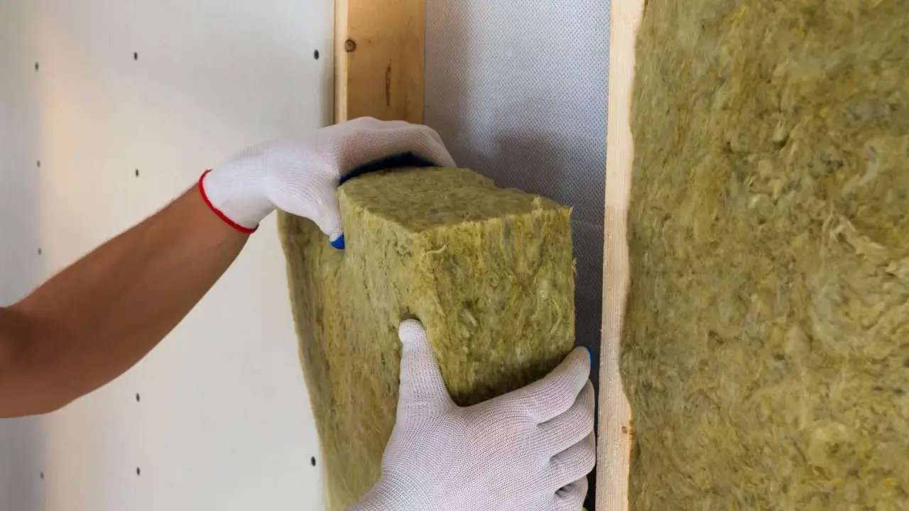 Manos enguantadas colocan aislamiento de lana de roca para como aislar una pared, creando un hogar más cálido y eficiente.