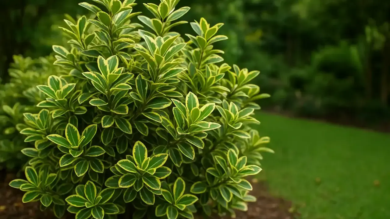Un arbuste d'Euonymus japonicus aux feuilles vertes et jaunes, bien taillé, se dresse dans un jardin verdoyant.