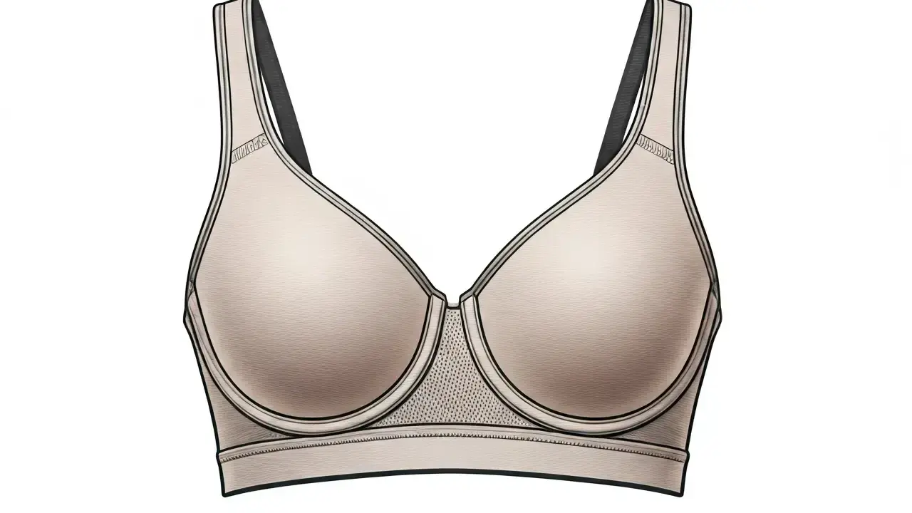 Reggiseno sportivo color carne, con spalline nere e dettagli in rete. Un classico reggiseno in francese, perfetto per ogni attività.