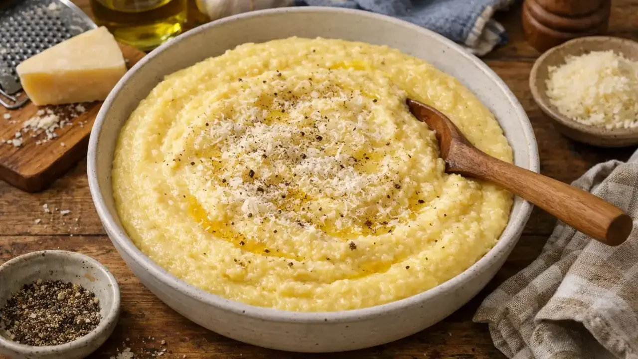 Polenta crémeuse dans un bol, garnie de parmesan râpé et de poivre noir, avec une cuillère en bois.