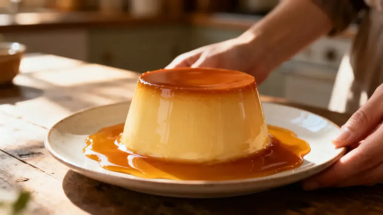 Un délice doré et onctueux, la vraie crème caramel coule sur une assiette rustique, baignée de soleil.