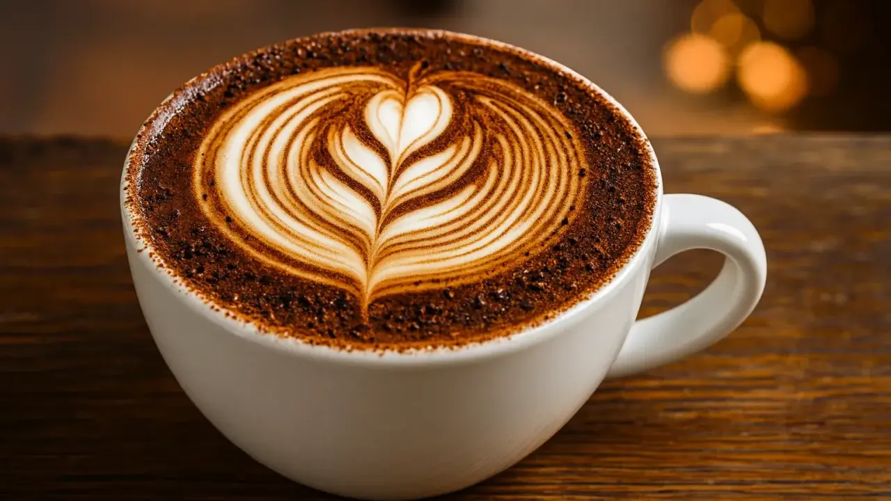 Ein wunderschöner Caffè Mocca mit Latte Art, der auf einem Holztisch steht.