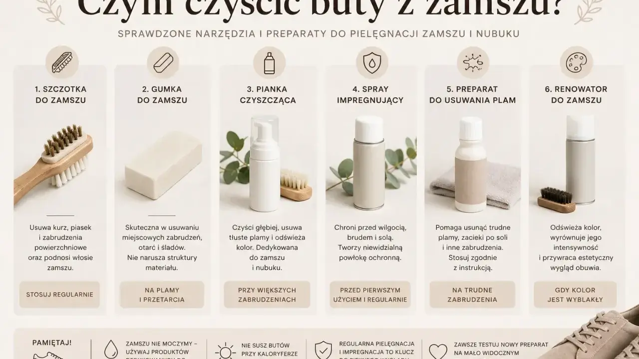 Szczotka, gumka, pianka, spray, preparat i renowator do czyszczenia zamszu.