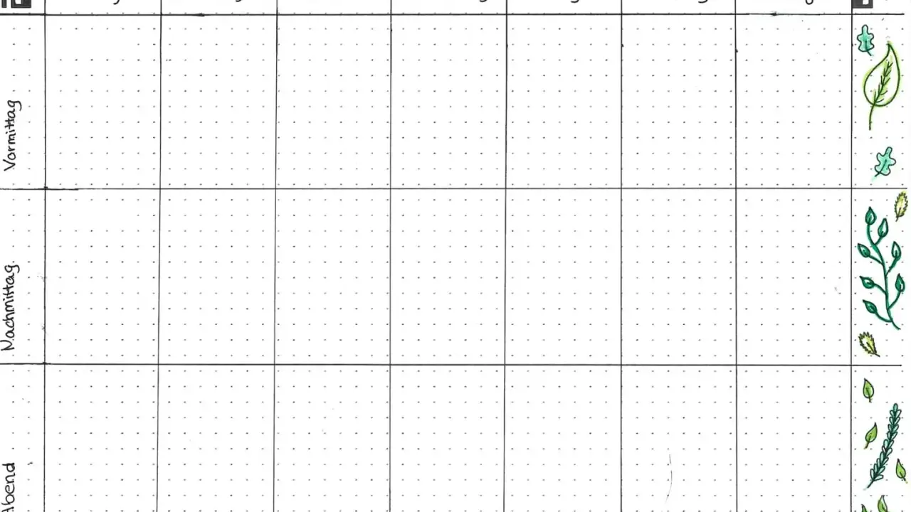 Ein Wochenplan-Layout mit Feldern für jeden Tag und Tageszeiten (Vormittag, Nachmittag, Abend). Ideal, um zu planen, wie erstelle ich einen lernplan.