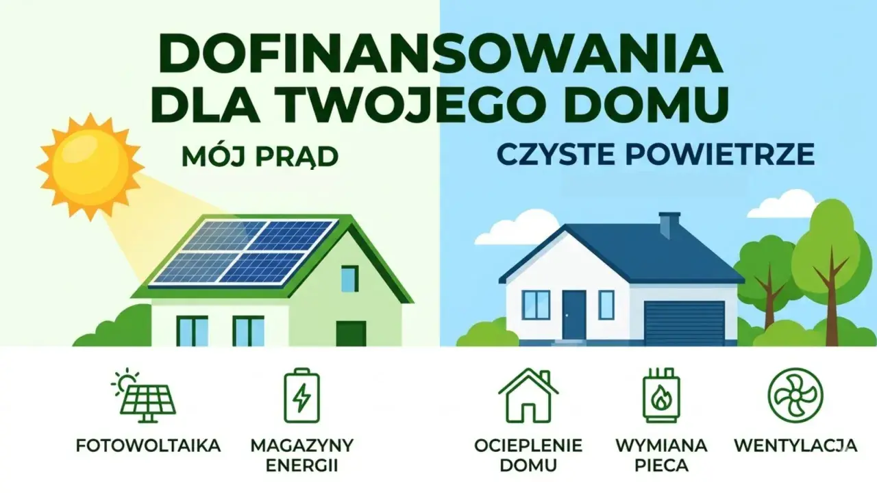 Dofinansowania dla domu: "Mój prąd" (fotowoltaika, magazyny energii) i "Czyste powietrze" (ocieplenie, wymiana pieca, wentylacja). Csire co to?