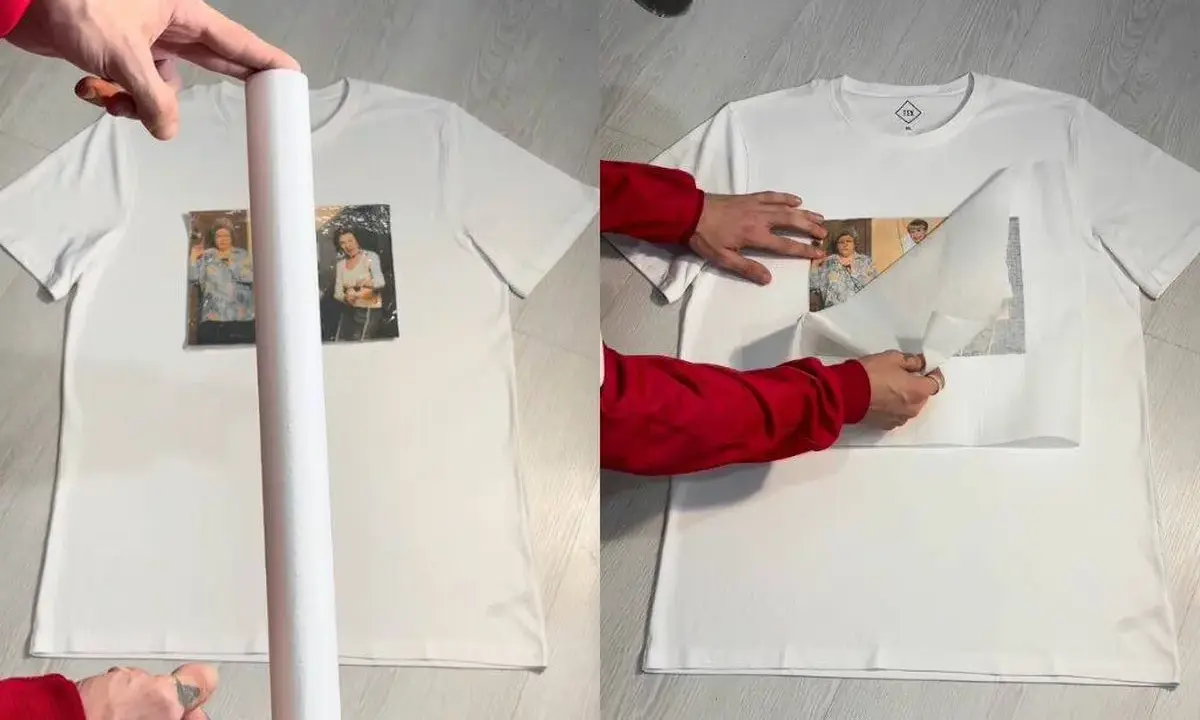 Manos aplican imagen a camiseta blanca. Paso a paso para saber como hacer una camiseta personalizada con fotos.