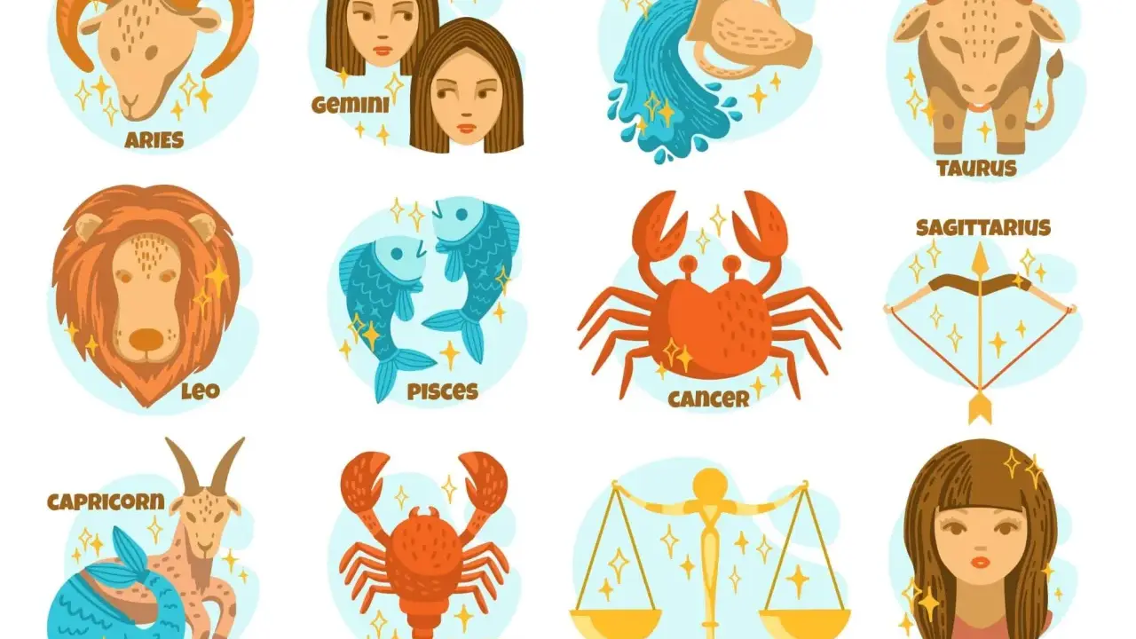 Ilustracja przedstawia znaki zodiaku: Baran, Bliźnięta, Wodnik, Byk, Lew, Ryby, Rak, Strzelec, Koziorożec, Skorpion, Waga i Panna.