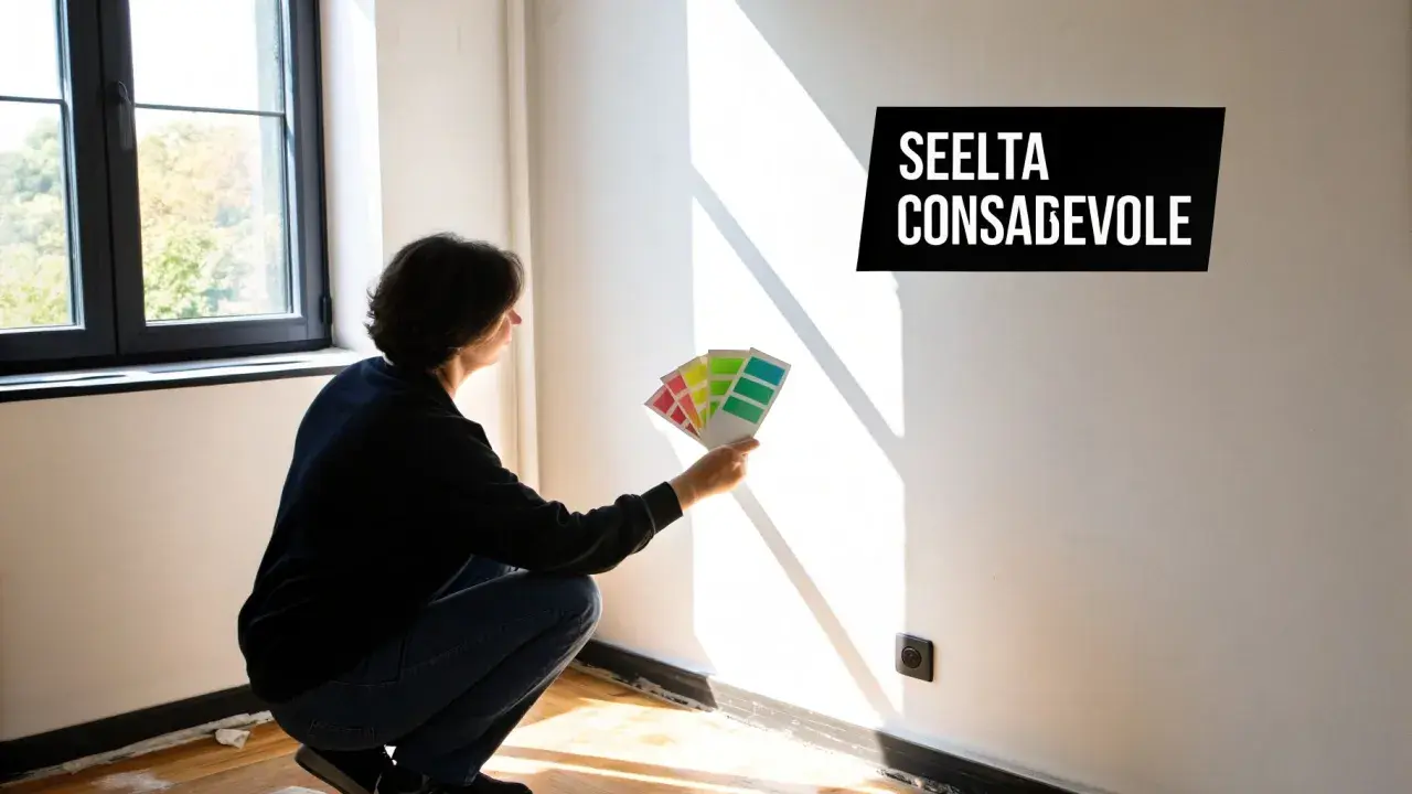 Persona valuta campioni di colore per decidere come scegliere colore pareti.