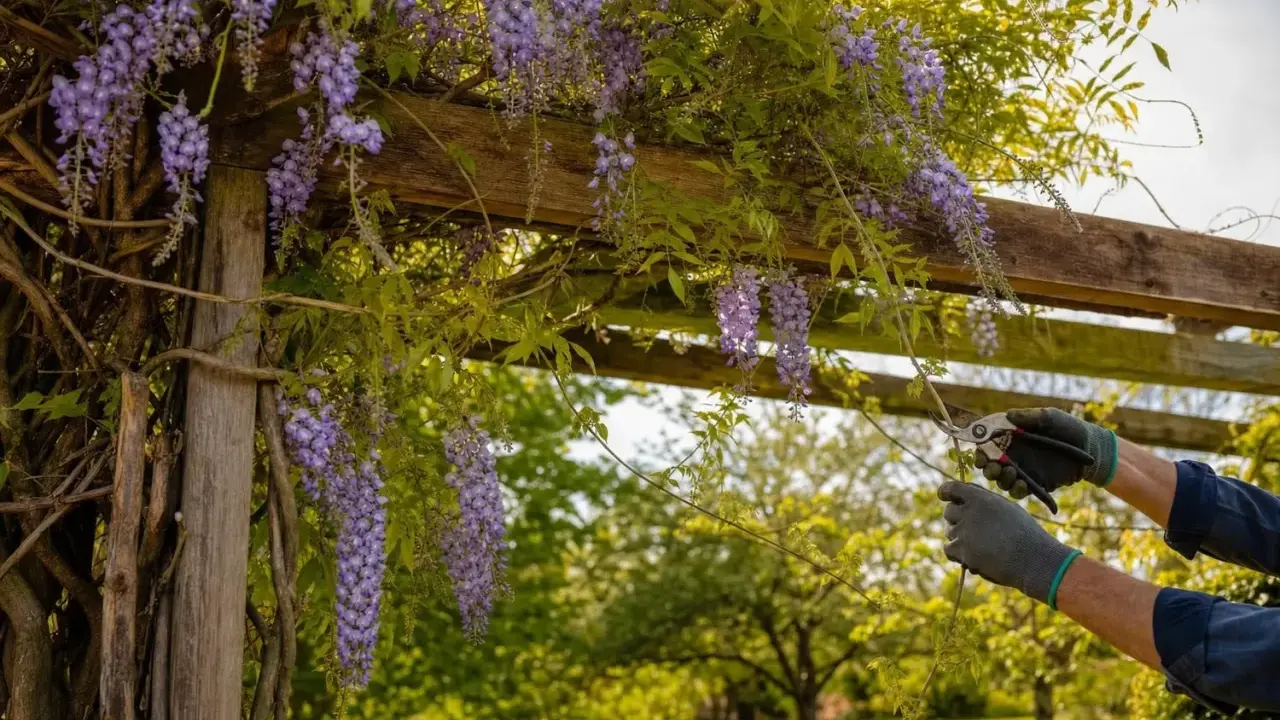 Des grappes de glycine arbre en fleurs tombent d'une pergola en bois. Des mains gantées taillent la plante.