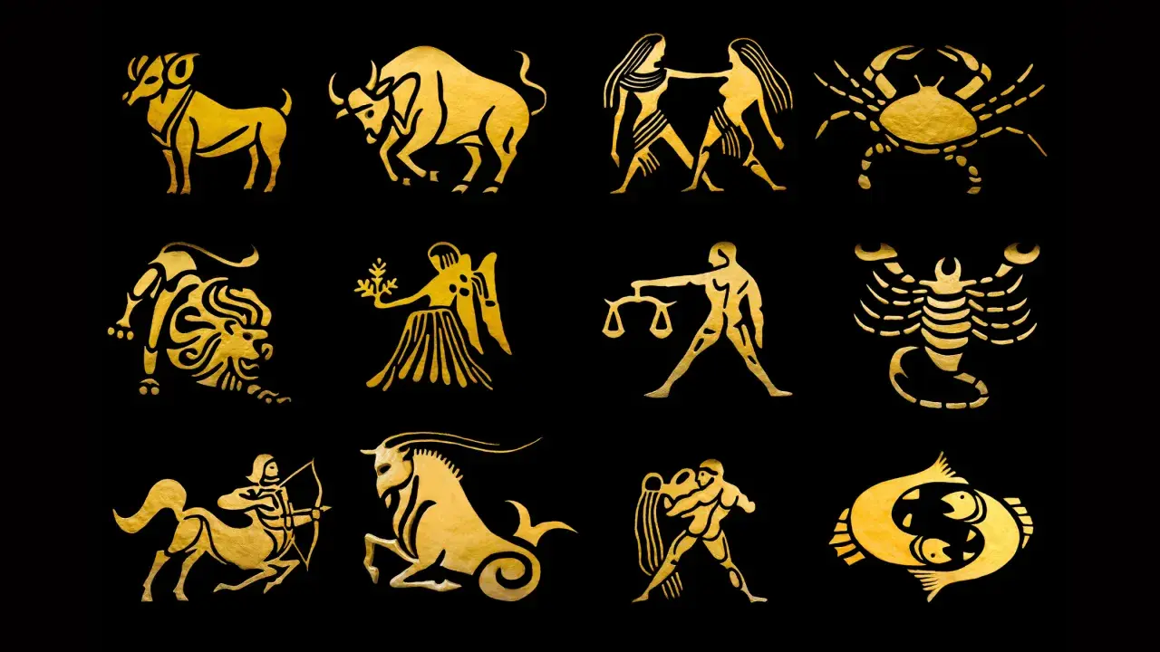 Dodici simboli dorati del **segno zodiacale** su sfondo nero, come un **quarzo citrino** che illumina il cielo notturno.