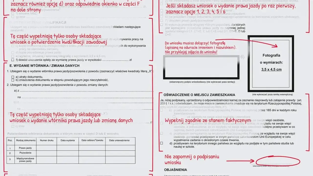 Wniosek o wydanie prawa jazdy po 10 latach: zaznacz opcje 1-6, dołącz zdjęcie 3,5x4,5 cm.
