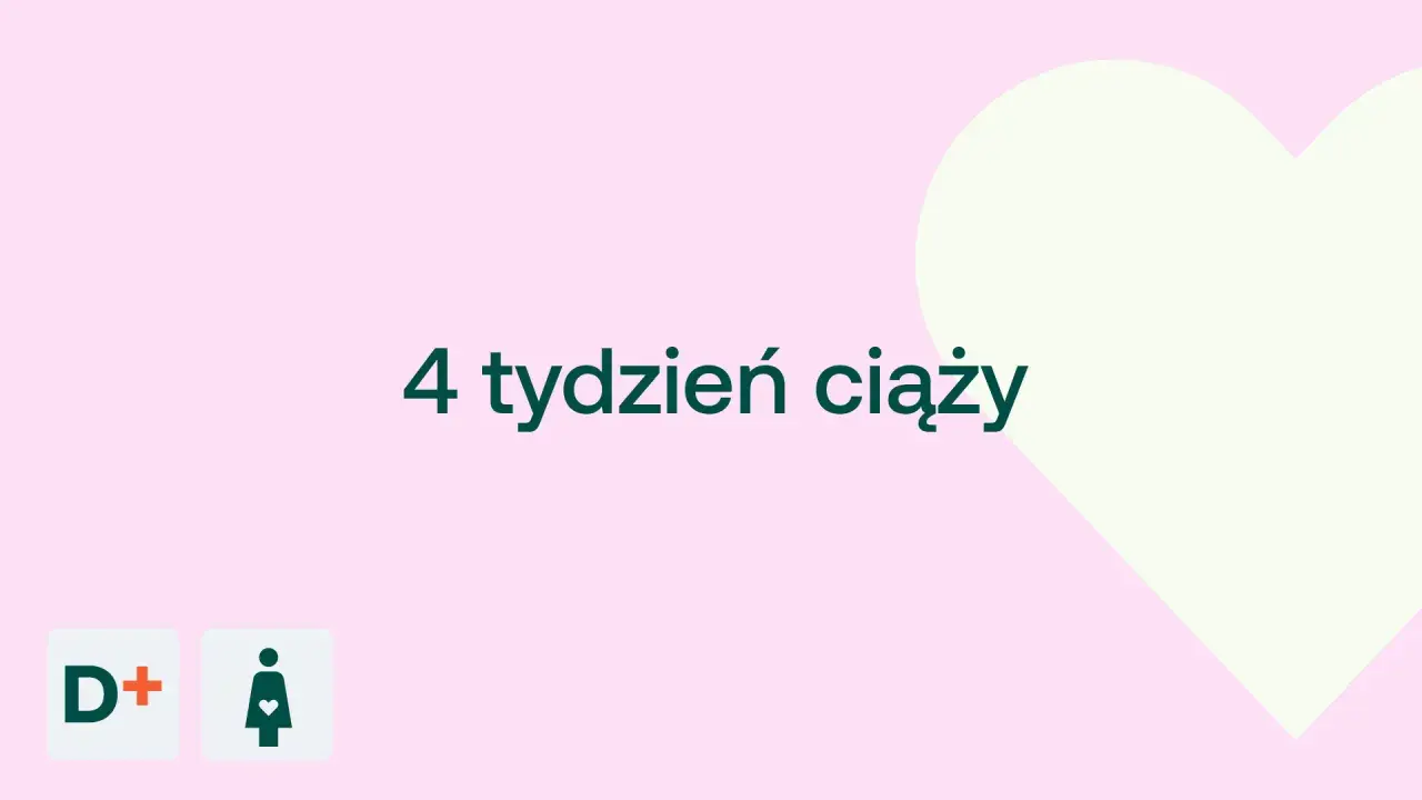 4 tydzień ciąży. Delikatny różowy tle z jasną sercem. Dwa małe kwadraty z ikonami.