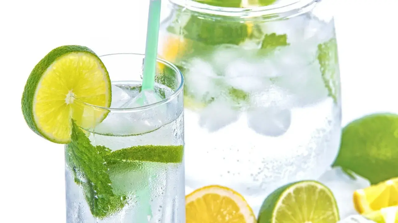 Erfrischendes Tonic Water stillen Durst mit Eis, Minze und Limette. Ein Glas und eine Karaffe voller Kühle.