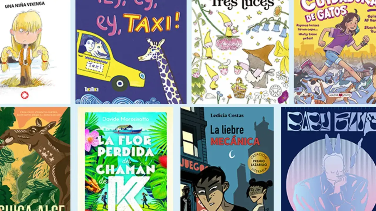 Colección de libros infantiles, incluyendo "Dagfrid, una niña vikinga", "¡Ey, ey, ey, TAXI!", "Tres luces" y "Caty la cuidadora de gatos", ideales como libros para niños de 8 años.