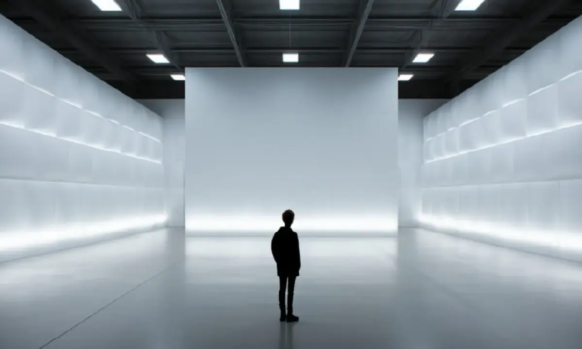 Una persona solitaria contempla una pared blanca en un espacio minimalista e iluminado.