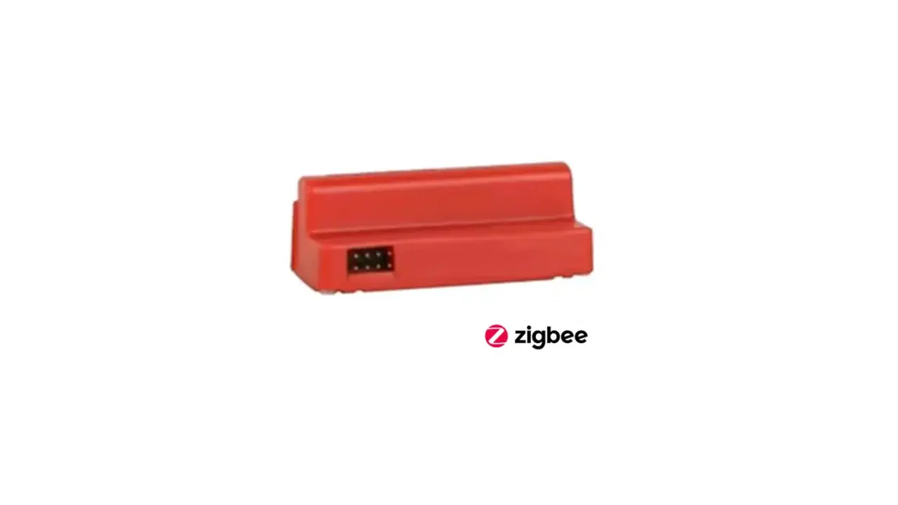 Röd Yale Doorman Zigbee-modul med sex stift.