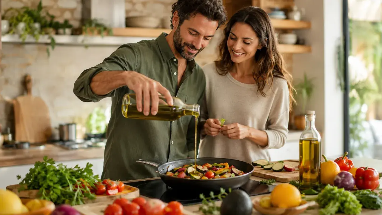 Pareja sonriente cocina verduras en sartén. Él vierte aceite de oliva, ella prepara hierbas. Se puede cocinar con aceite de oliva.