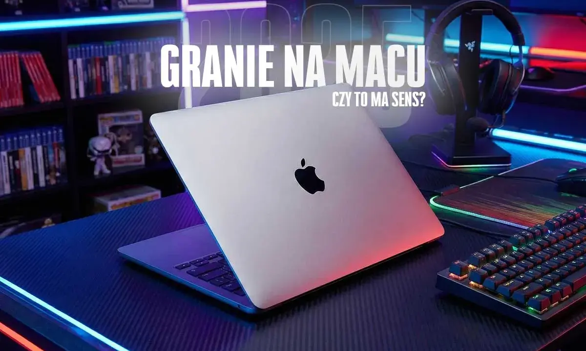 MacBook z podświetlaną klawiaturą i słuchawkami gamingowymi. Czy granie na Macu ma sens?