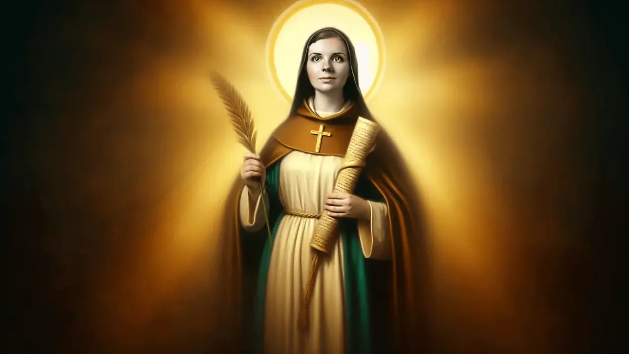 Święta Sara z gałązką i zwojem, otoczona złotym blaskiem.
