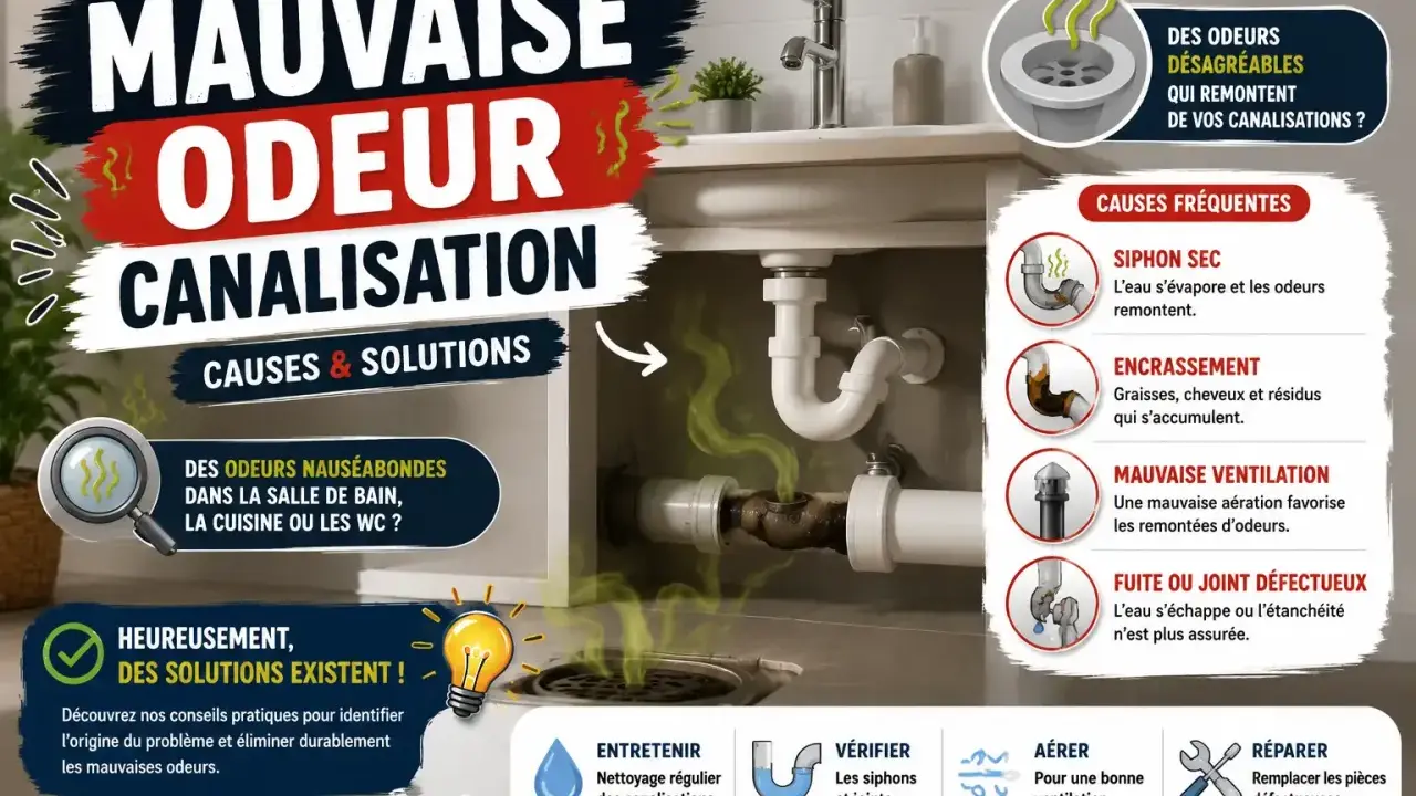 Infographie sur la mauvaise odeur canalisation : causes (siphon sec, encrassement, mauvaise ventilation, fuite) et solutions (entretenir, vérifier, aérer, réparer).