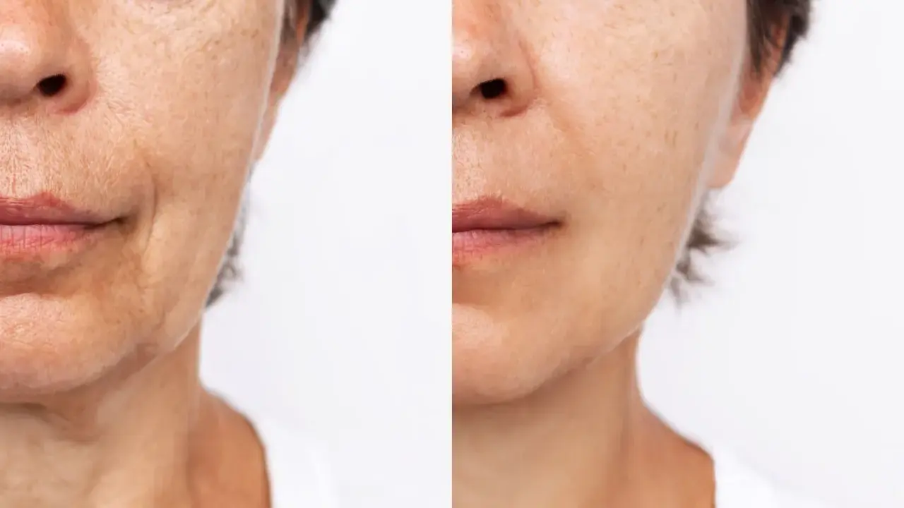 Comparaison avant/après : peau marquée par les rides du sommeil d'un côté, peau plus lisse et rajeunie de l'autre.
