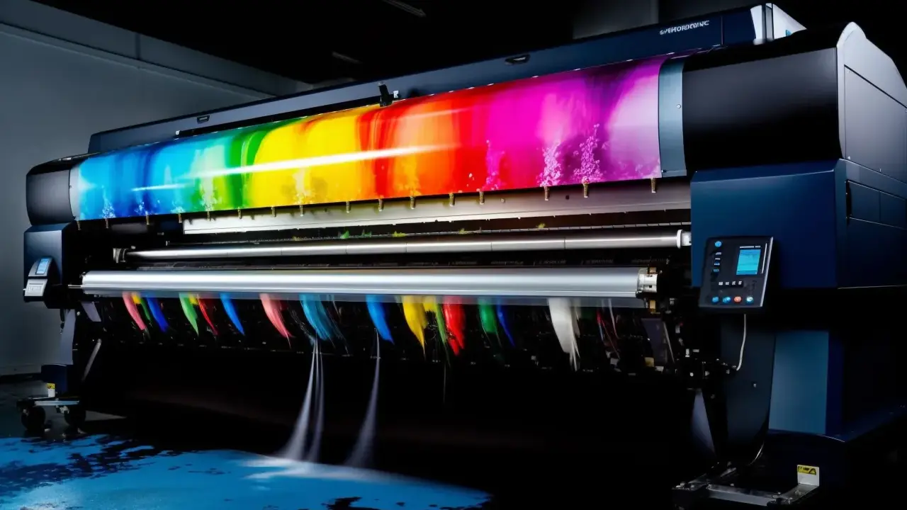 Impresora offset de gran formato imprimiendo un arcoíris vibrante y vívido.