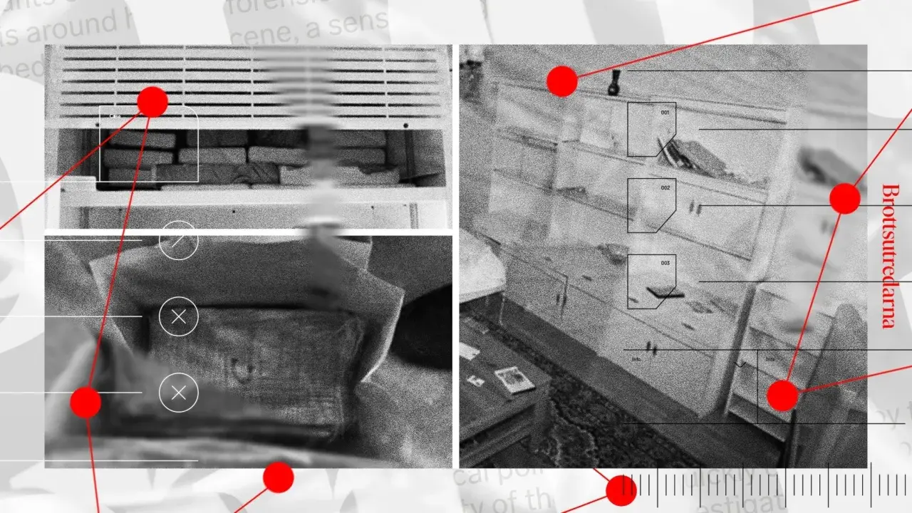 Brottsutredarna undersöker ledtrådar i en radioteater deckare. Detaljer från brottsplatsen visas med markeringar.