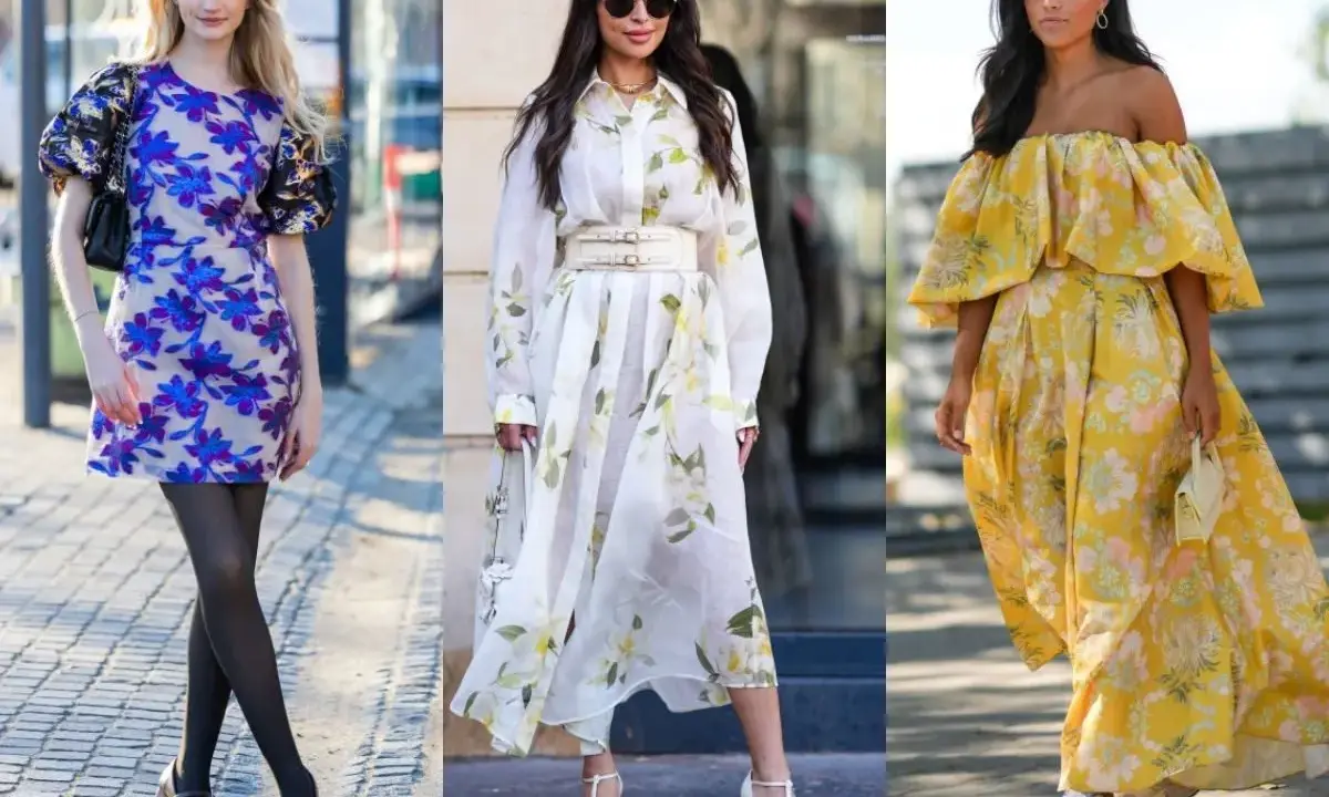 Trzy kobiety w kwiecistych sukienkach. Pierwsza w mini, druga w midi, trzecia w maxi. Jakie buty do sukienki w kwiaty? Zobacz inspiracje!