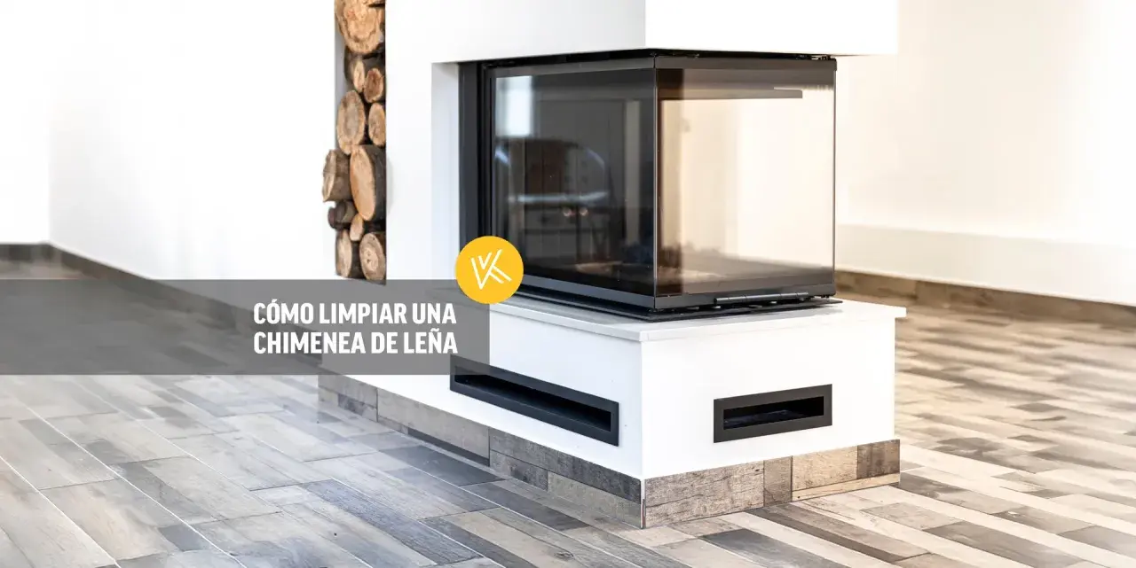 Chimenea moderna de leña con cristal, lista para aprender cómo limpiar una chimenea antigua y mantenerla impecable.