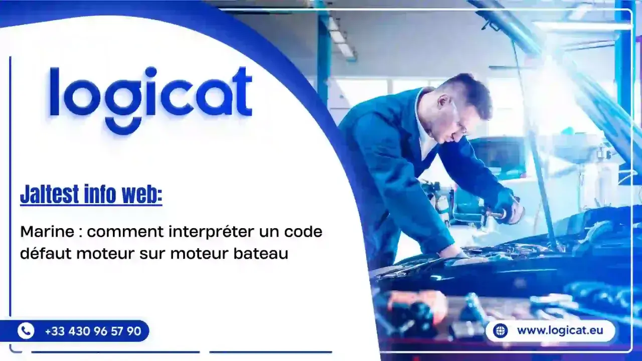 Un mécanicien examine un moteur de bateau pour diagnostiquer un problème moteur. Le logo "logicat" est visible.
