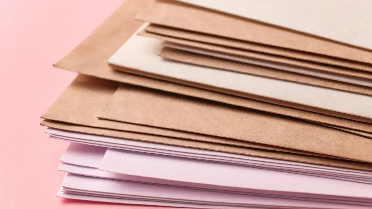 Stos papierów w różnych odcieniach brązu i różu. Różne rodzaje papieru, od kraftowego po delikatnie barwiony, tworzą ciekawą kompozycję.