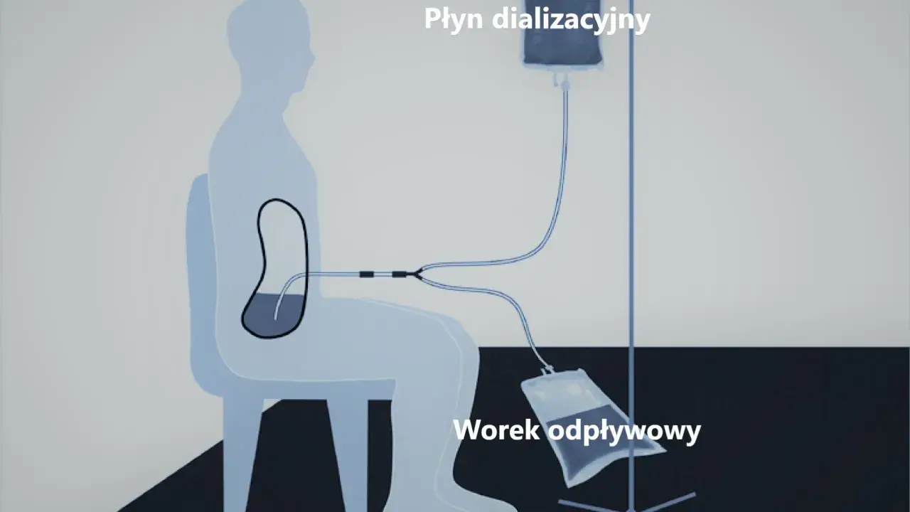 Schemat dializy otrzewnowej: cewnik Tenckhoffa w jamie otrzewnej pacjenta, podłączony do worka z płynem dializacyjnym i worka odpływowego.
