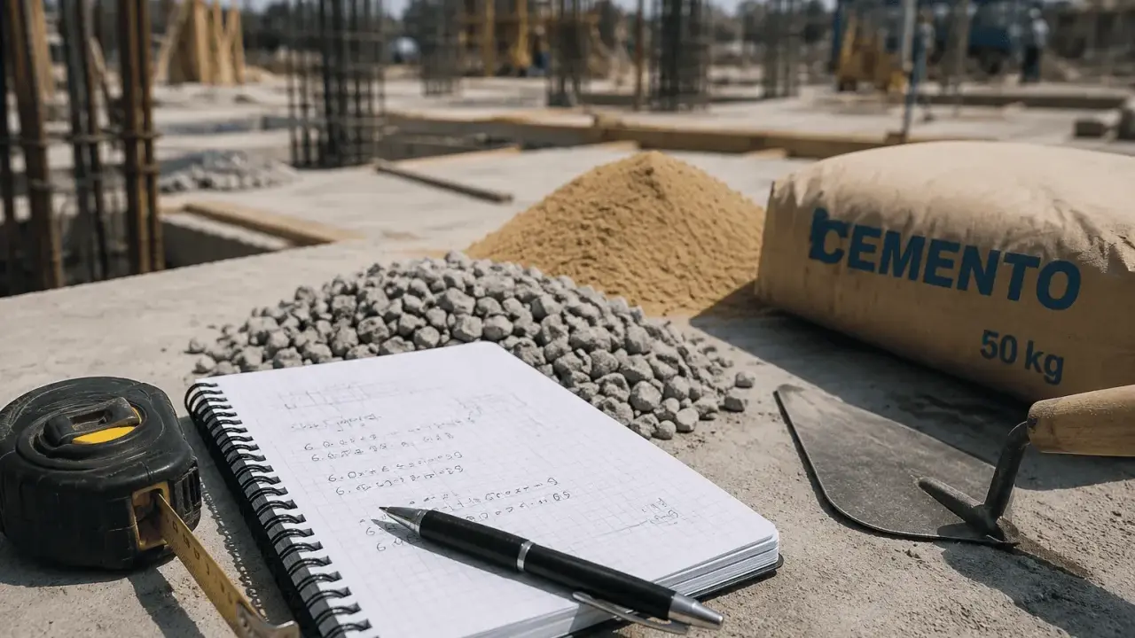 En una obra, un cuaderno con cálculos, cinta métrica, pala, grava, arena y un saco de cemento de 50 kg, listo para el peso hormigón.