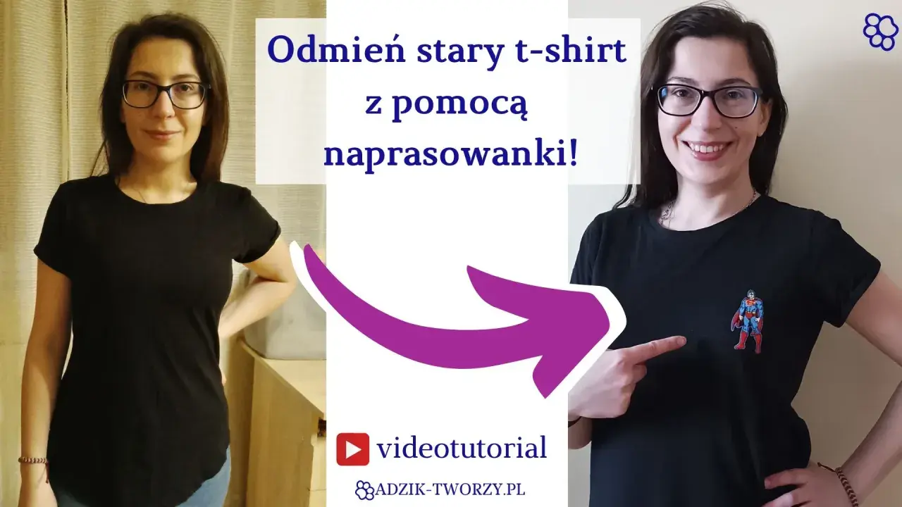 Kobieta pokazuje, jak odmienić stary t-shirt, dodając naszywkę z Supermanem. To prosty sposób na diy t shirt!
