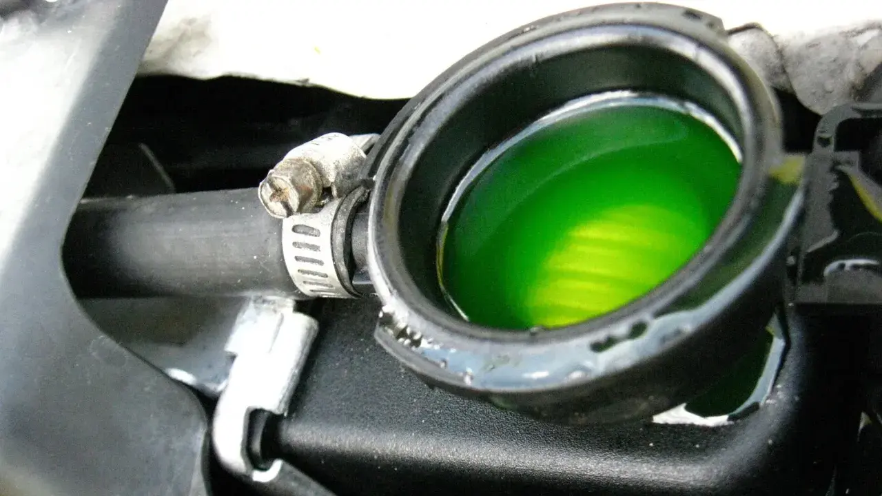 Líquido refrigerante verde brillante en el depósito del radiador, cerca de la junta culata. El aceite no se ve, pero el refrigerante es vital para el motor.