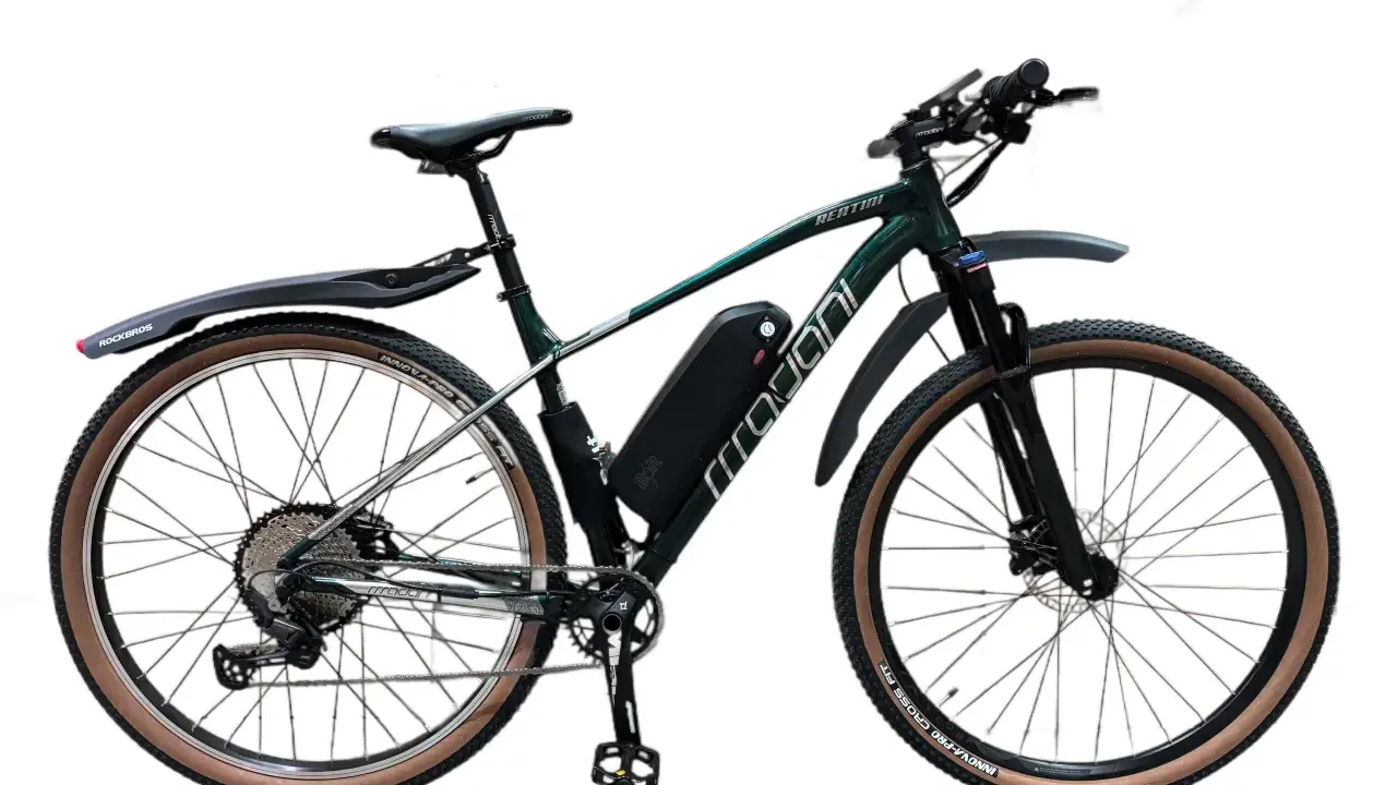 Zielony rower z napędem elektrycznym, zestaw do konwersji roweru 250w. Wyposażony w błotniki i opony z brązowymi bokami.