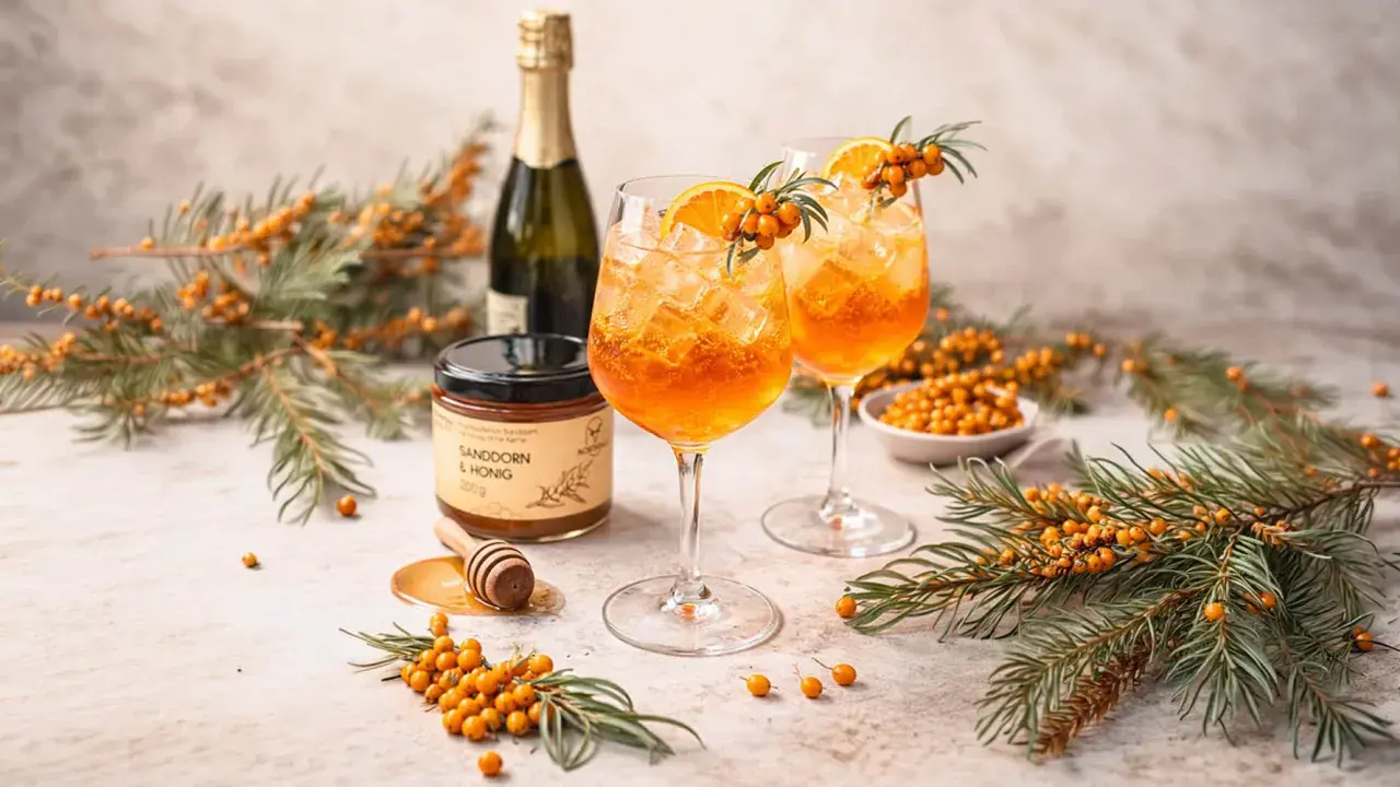 Zwei erfrischende Sanddorn Spritz Cocktails mit Orangenscheiben und Sanddornzweigen, daneben eine Flasche Sekt und ein Glas Sanddorn & Honig.