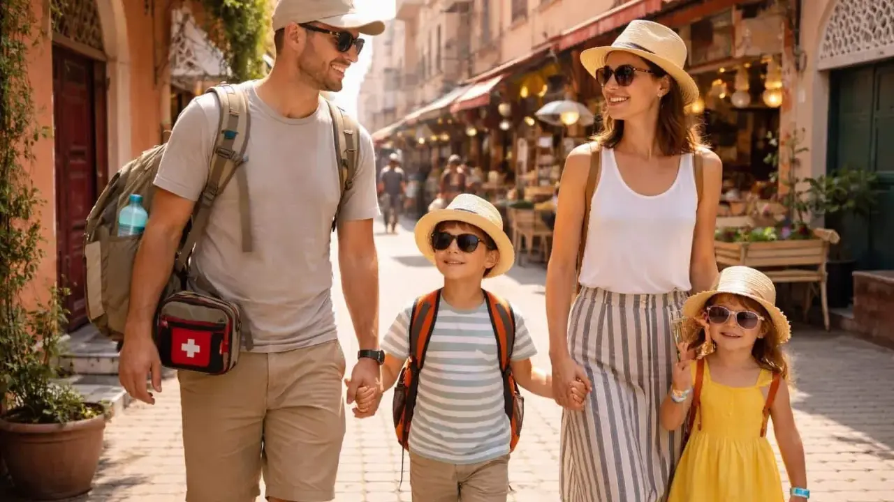 Familia feliz paseando por un zoco, disfrutando de su aventura de marrakech con niños.