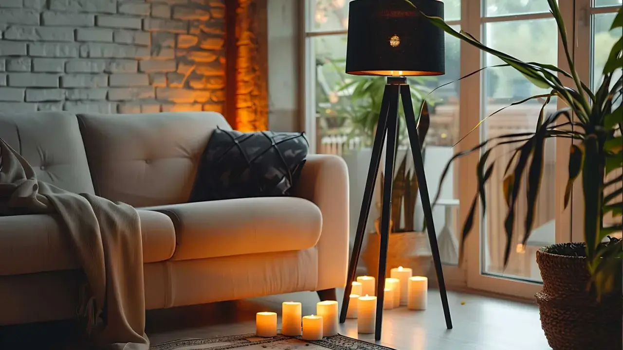 Przytulny salon z kanapą, dywanem i lampą stojącą chrom. Wokół lampy płoną świece, tworząc ciepłą atmosferę.