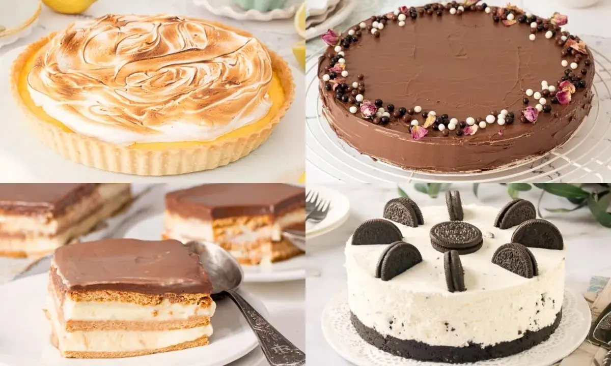 Cuatro deliciosos postres para cumpleaños de adultos: tarta de limón, pastel de chocolate, milhojas y tarta de Oreo.