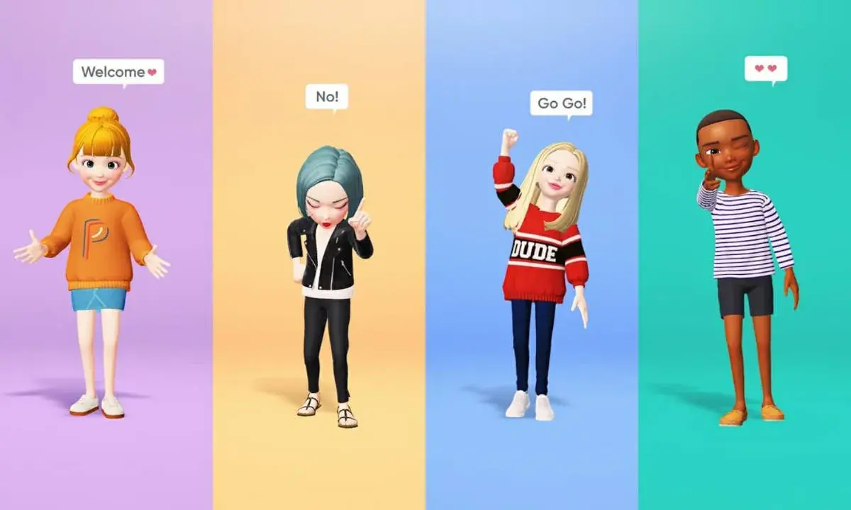 Cuatro avatares de estilo Zepeto, con diferentes poses y mensajes, ideales para todas las edades.