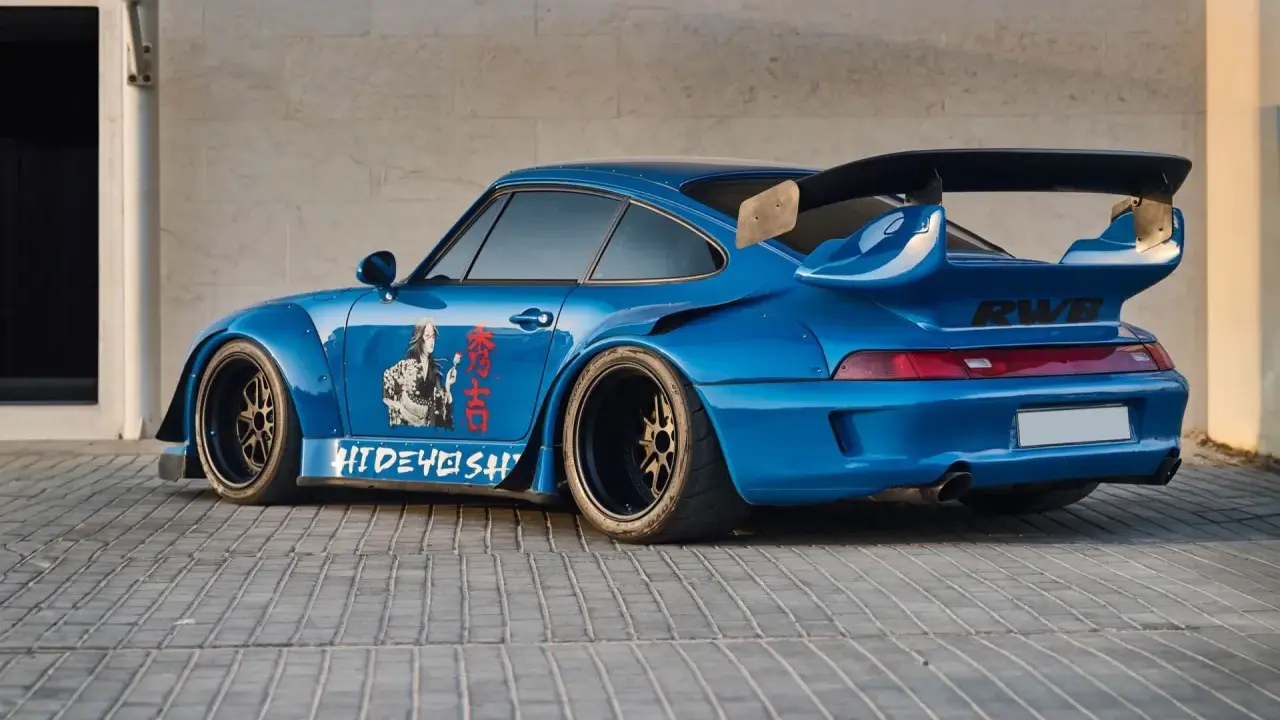 Blauer RWB Porsche mit japanischen Motiven und Schriftzug "HIDEyoshi". Ein echter Hingucker in der rauh welt.
