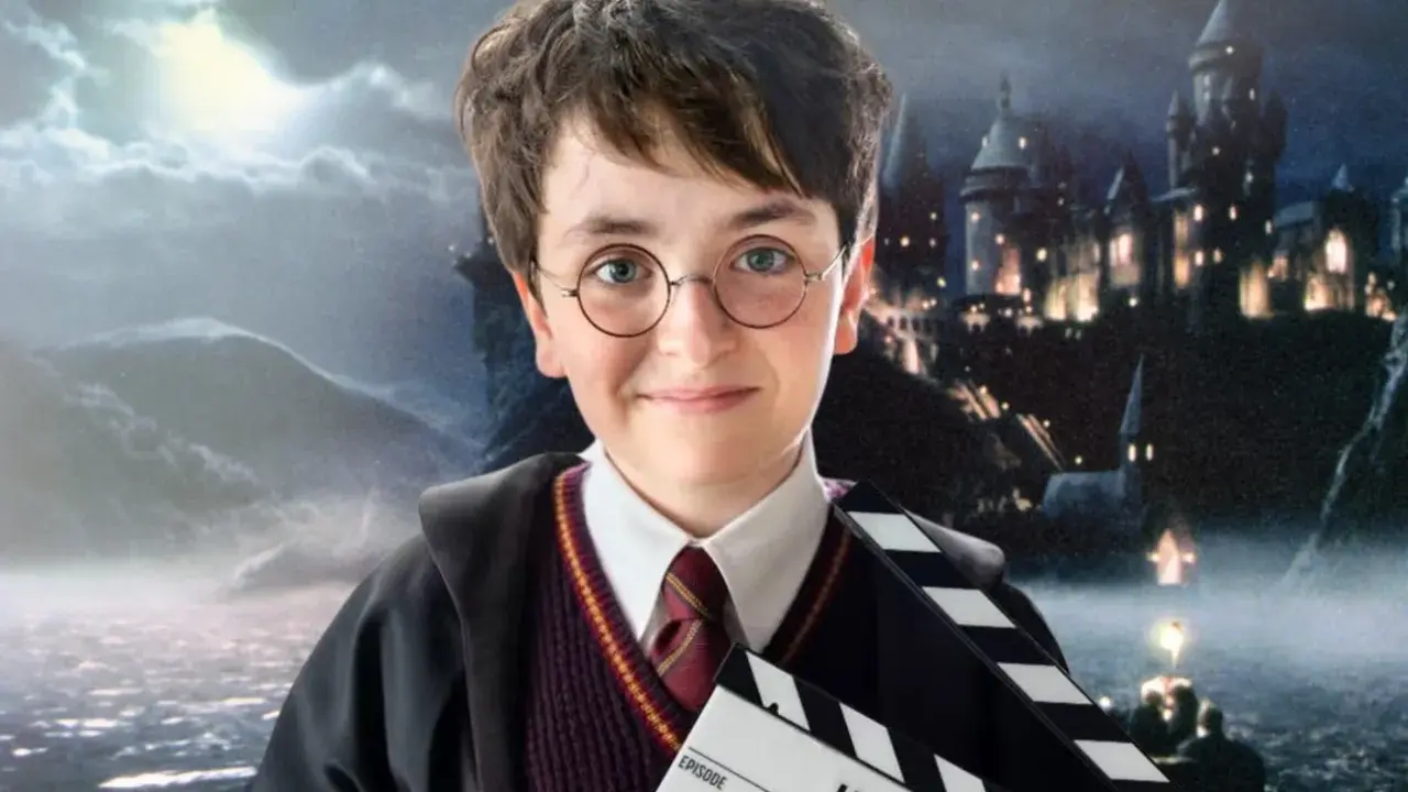 Chłopiec w okularach i szacie Hogwartu trzyma klaps filmowy. Tło to zamek i krajobraz z uniwersum Harry'ego Pottera.